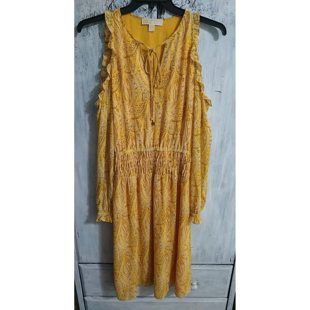 Michael Kors Cold Shoulder Ruffled Sleeve Dress Medium Yellow Boho Feminine Y2k
